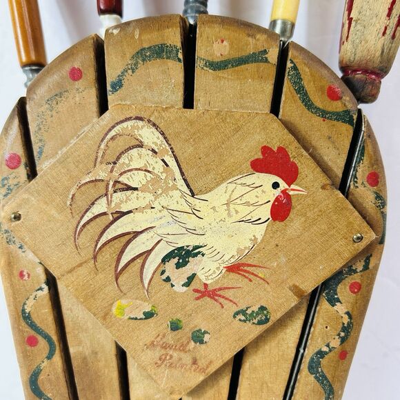 Vintage Woodpecker Woodware Knife Holder Rooster Wall Mount Spreader 4 Knives - Picture 3 of 14